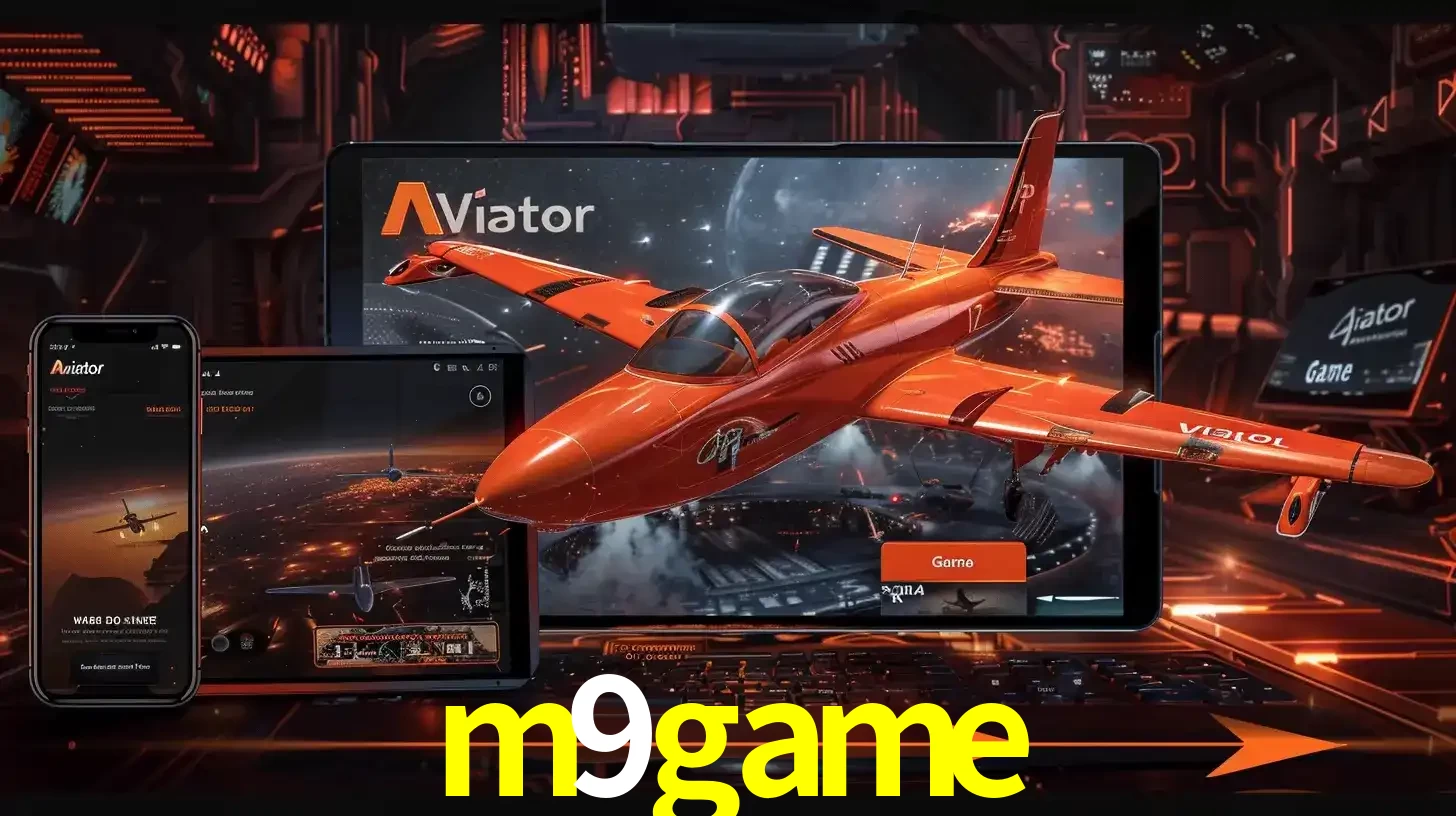 Apresentação tecnológica do jogo Aviator com um avião saindo da tela de um tablet, demonstrando a experiência imersiva em múltiplos dispositivos no m9game.