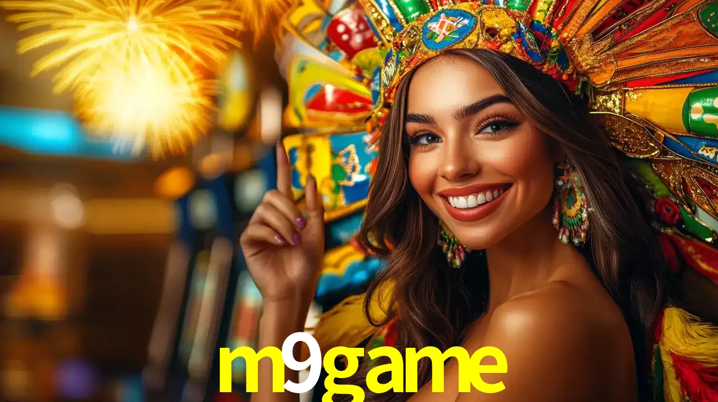 Mulher sorridente com um cocar de carnaval vibrante e colorido, celebrando uma grande vitória nos jogos do cassino m9game com fogos de artifício ao fundo.