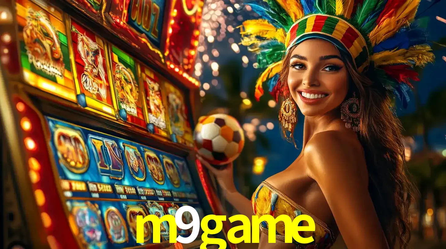 Mulher com um cocar de carnaval ao lado de uma máquina de caça-níqueis enquanto segura uma bola de futebol, mostrando a união da diversão de cassino e esportes no m9game.