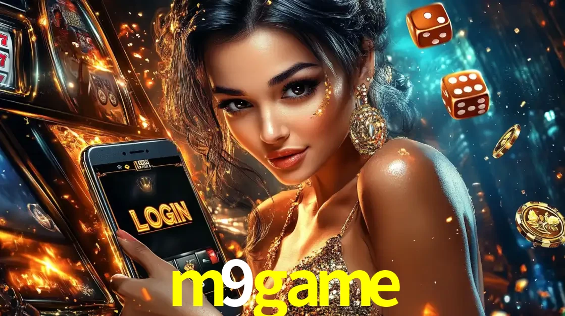 Mulher glamourosa segurando um celular com a tela de login do cassino m9game, rodeada por dados e moedas douradas, pronta para começar a diversão.
