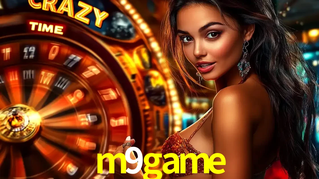 Mulher ao lado da roda de prêmios do jogo de cassino ao vivo Crazy Time, um dos shows de jogos mais emocionantes oferecidos pela plataforma de apostas m9game.