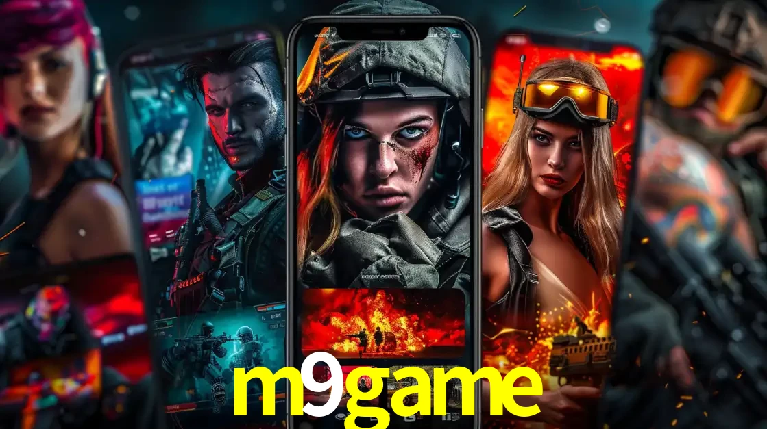 Montagem de telas de celular mostrando diversos personagens, masculinos e femininos, de um jogo de tiro, ilustrando a diversidade de equipes de e-sports para apostar no m9game.