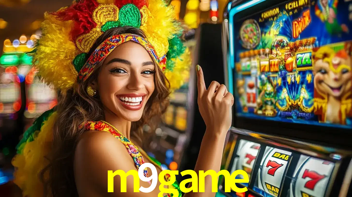 Mulher animada com um cocar de carnaval apontando para uma máquina de caça-níqueis, mostrando a emoção de ganhar um grande prêmio nos jogos do m9game.