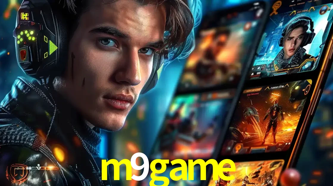 Jovem jogador com fones de ouvido olhando para a câmera, com um aplicativo de jogos e e-sports para celular ao fundo, pronto para a competição e apostas no m9game.