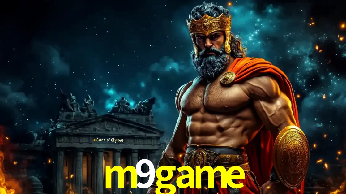 O poderoso Zeus do jogo de slot Gates of Olympus em frente ao seu templo, pronto para lançar multiplicadores divinos e prêmios épicos no cassino online m9game.
