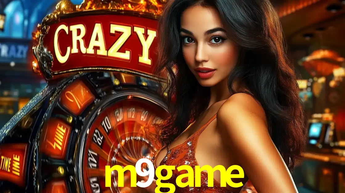 Mulher glamourosa olhando para a câmera com a roda vermelha do Crazy Time ao fundo em um ambiente de cassino, destacando a emoção dos jogos ao vivo no m9game.