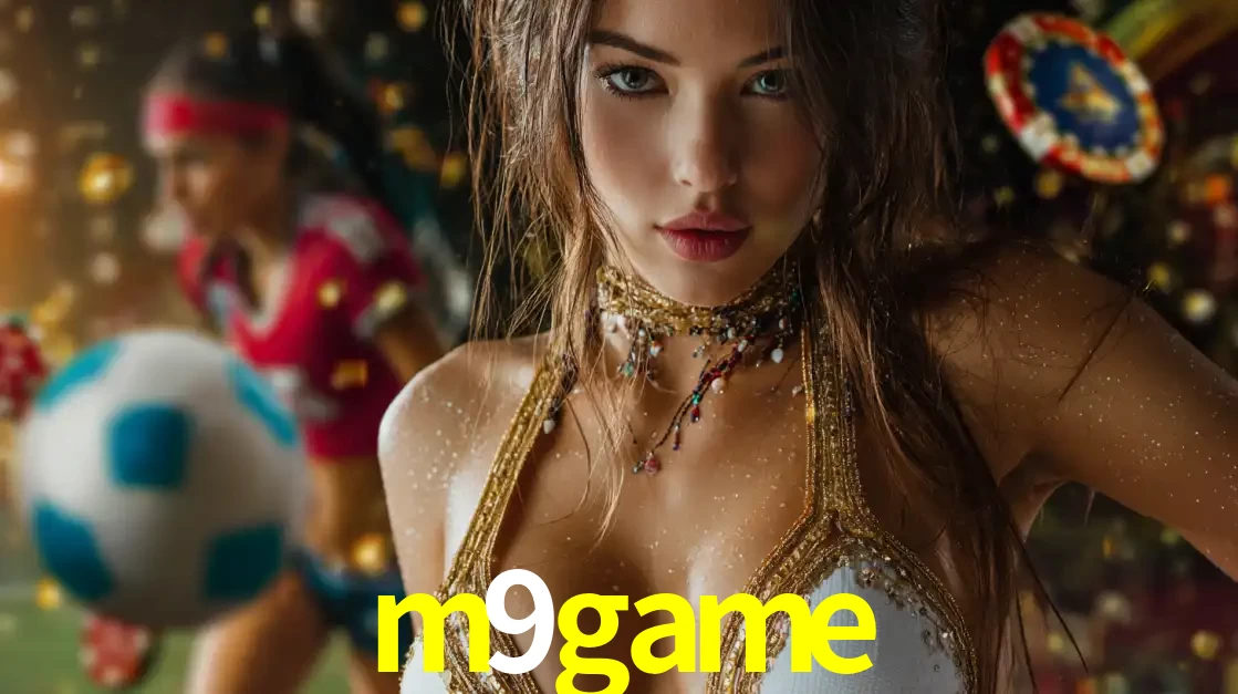 Mulher elegante representando a combinação de glamour e emoção das apostas esportivas, com uma jogadora de futebol ao fundo, destacando a ação no m9game.