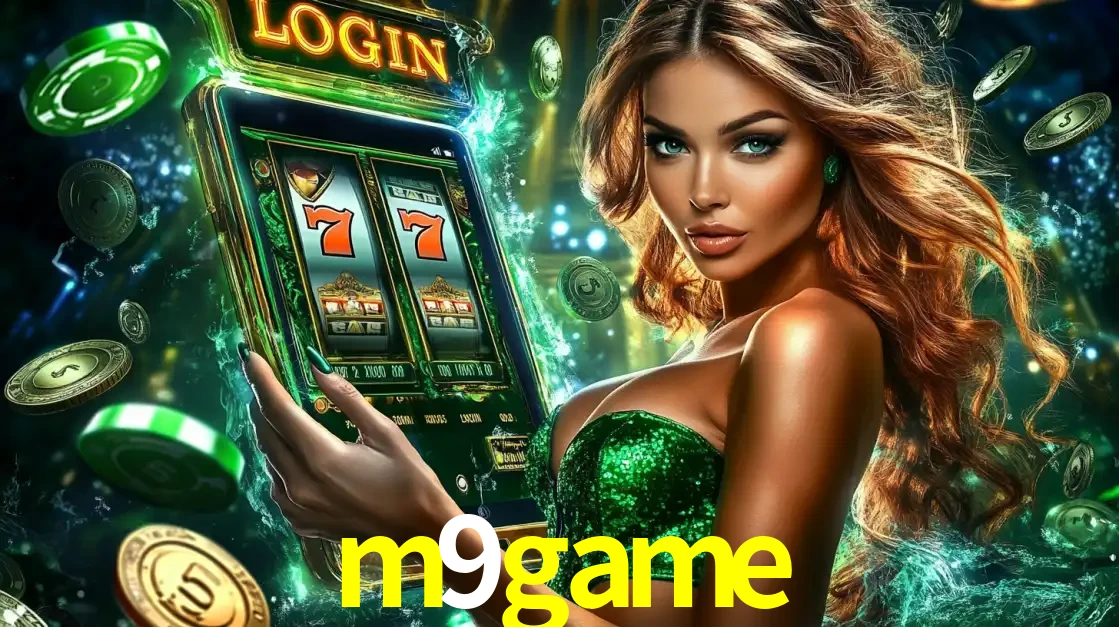 Mulher com tema verde apresentando o aplicativo do cassino m9game com um jogo de slot de 777, cercada por fichas de cassino e uma aura de sorte.