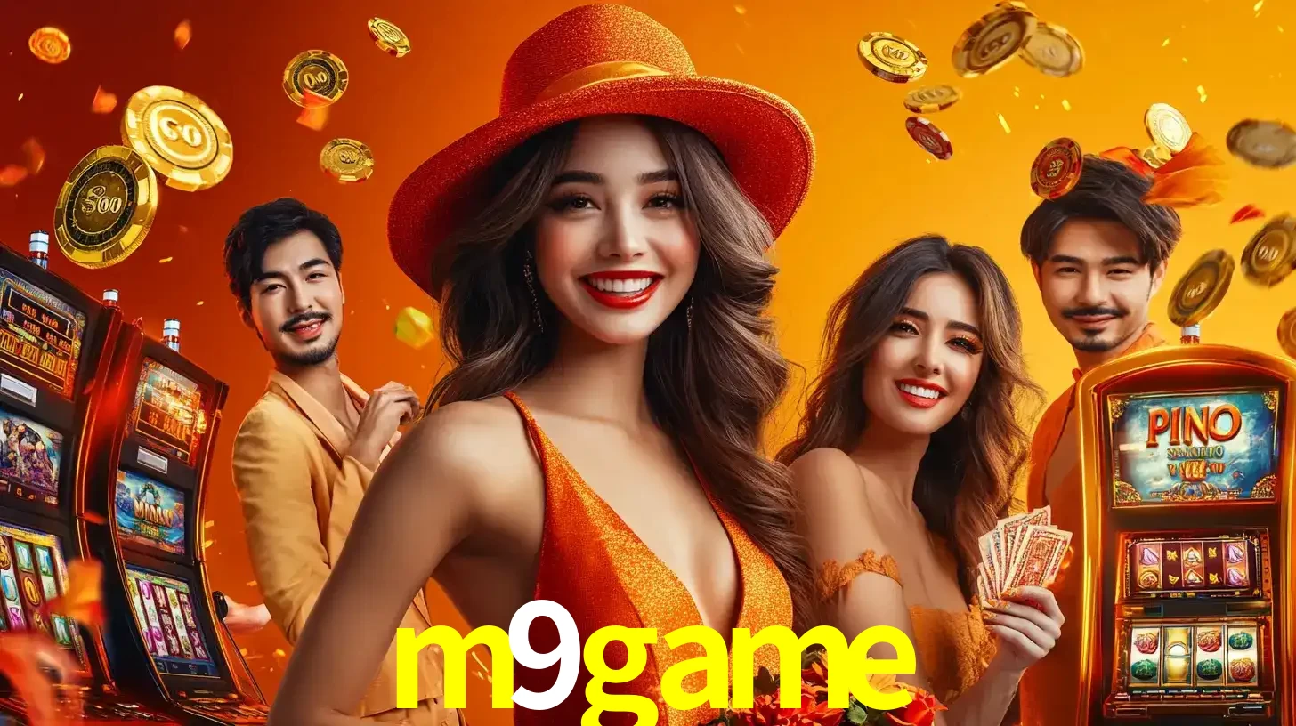 Grupo de amigos asiáticos sorrindo e se divertindo com máquinas de caça-níqueis em um ambiente festivo, celebrando suas vitórias nos jogos de cassino do m9game.