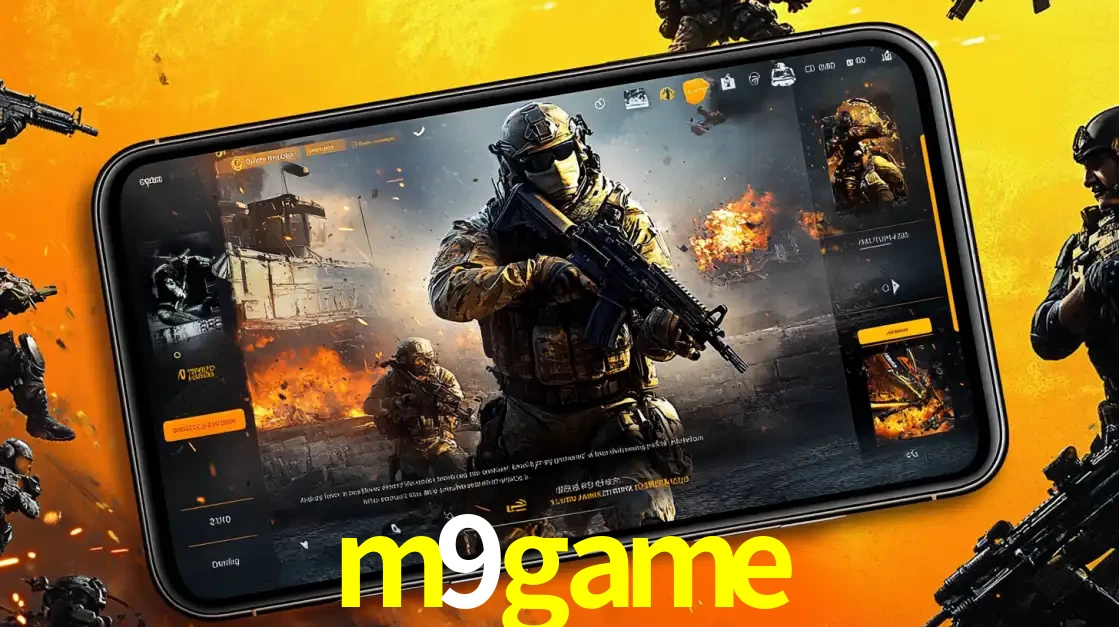 Um smartphone exibindo a interface de um jogo de tiro em primeira pessoa, com um soldado em um cenário de batalha, representando a ação dos e-sports para apostar no m9game.