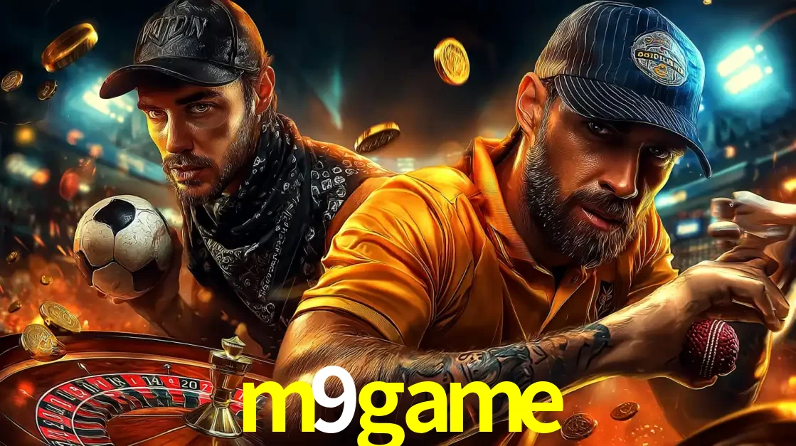 Montagem de apostas esportivas e cassino no m9game, com um homem segurando uma bola de futebol e outro uma de beisebol sobre uma roleta e moedas voadoras.