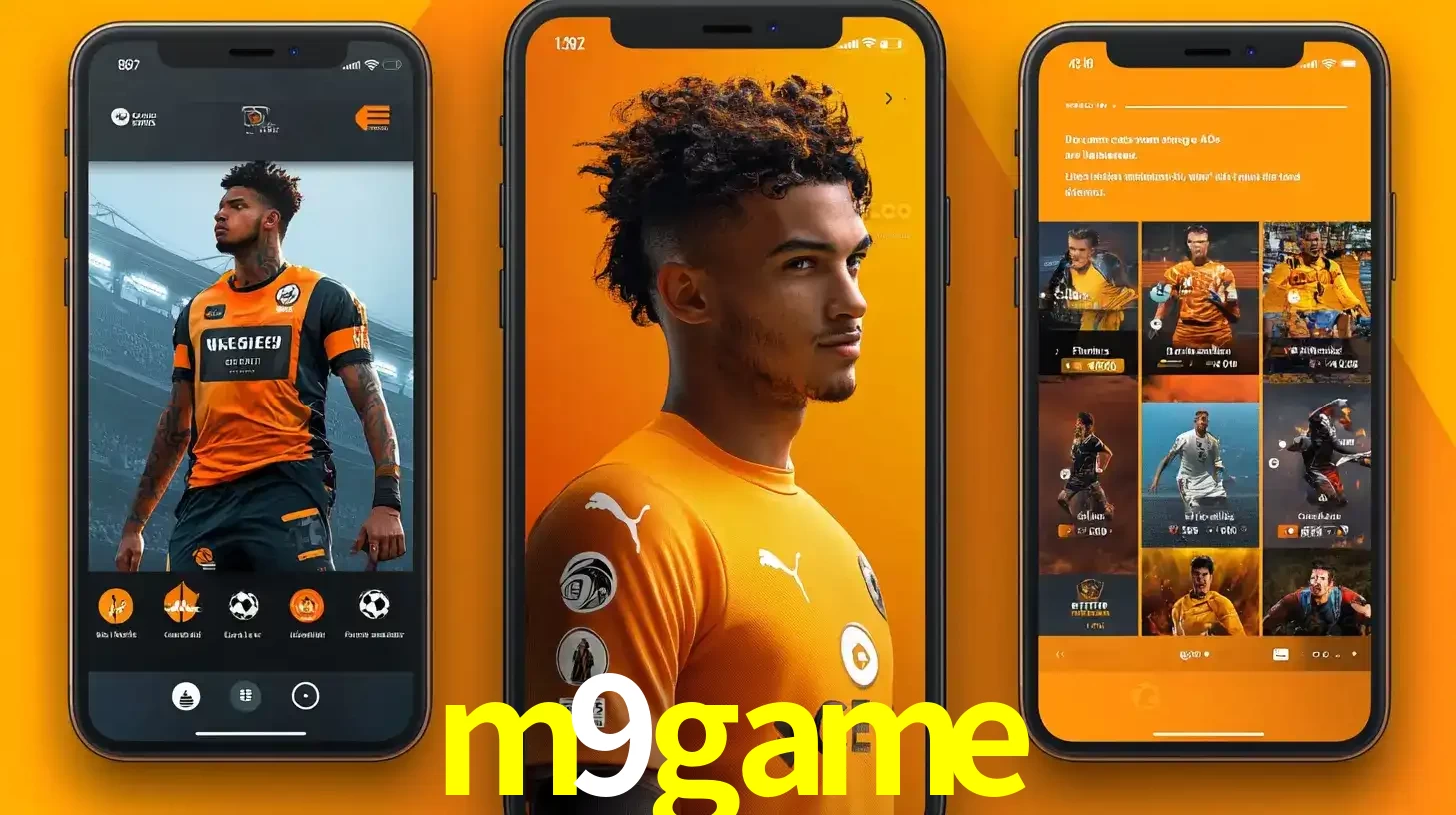 Interface do aplicativo de apostas esportivas m9game em três telas de celular, mostrando o perfil de um jogador de futebol e a lista de jogos disponíveis para apostar.
