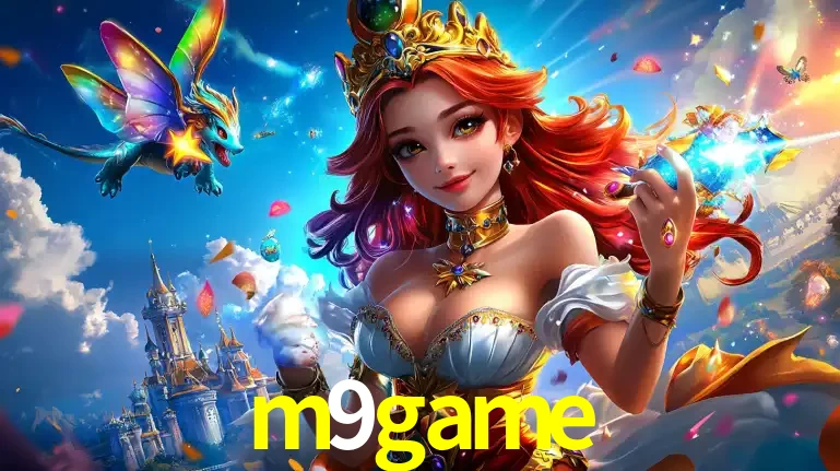 A princesa de um reino de fantasia mágico, com seu pequeno dragão, apresentando um mundo de prêmios encantados nos jogos de caça-níqueis do cassino m9game.