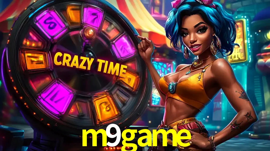 Mulher estilizada com cabelo azul e visual vibrante posando ao lado da roda de prêmios do game show Crazy Time, convidando para a diversão e os bônus do cassino m9game.