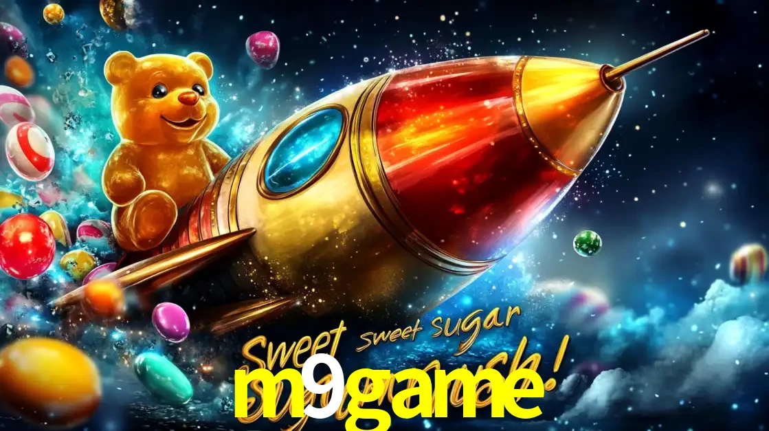 Arte promocional do jogo de slot Sugar Rush, com um urso de pelúcia em um foguete viajando pelo espaço de doces, um dos jogos divertidos disponíveis no cassino m9game.