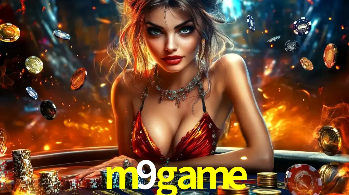 Mulher em uma mesa de cassino com pilhas de fichas e um fundo de fogo, pronta para uma rodada de altas apostas nos jogos de mesa emocionantes do cassino m9game.