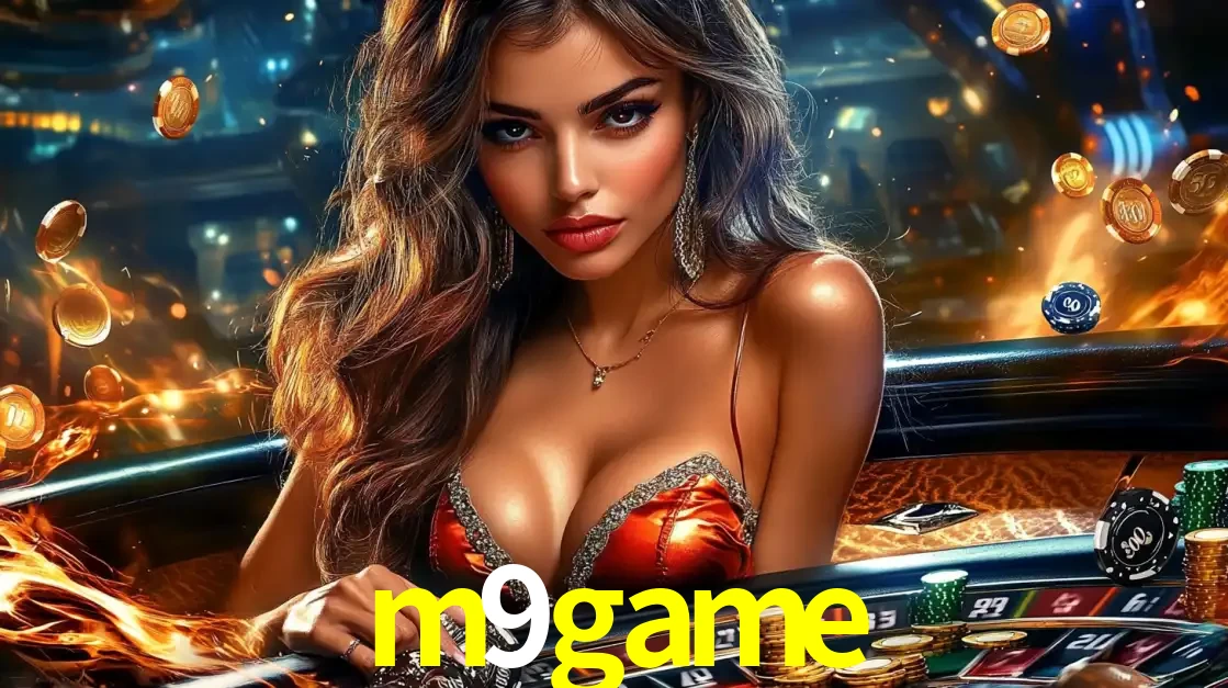 Mulher glamourosa em uma mesa de roleta com um fundo de chamas e moedas voadoras, pronta para fazer sua aposta e ganhar grandes prêmios no cassino ao vivo m9game.