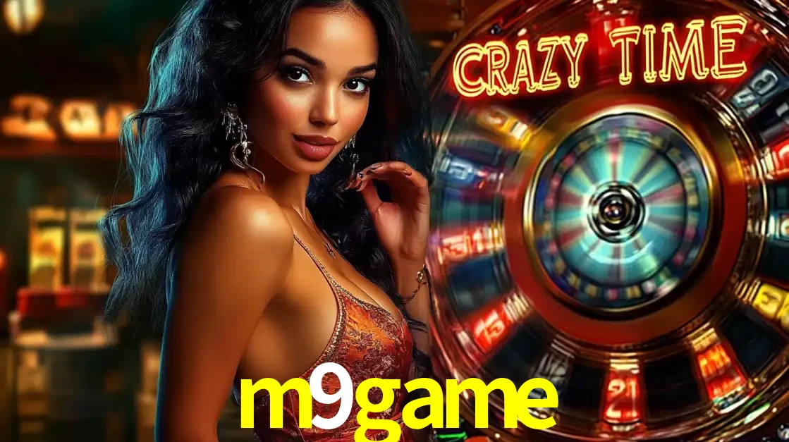 Mulher elegante ao lado da vibrante roda da fortuna do jogo de cassino ao vivo Crazy Time, um dos game shows mais populares e cheios de prêmios do m9game.