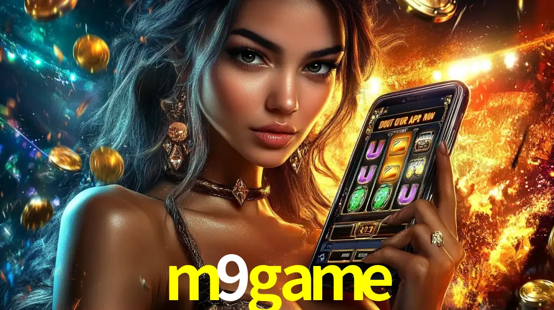 Mulher elegante mostrando um jogo de caça-níqueis em seu smartphone, destacando a experiência de cassino móvel oferecida pelo aplicativo m9game.