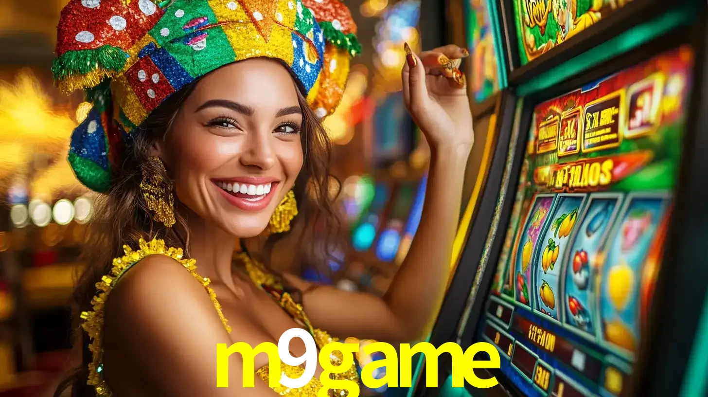 Mulher feliz com traje de carnaval amarelo e colorido ao lado de uma máquina de caça-níqueis, aproveitando a diversão e os jogos temáticos do cassino m9game.