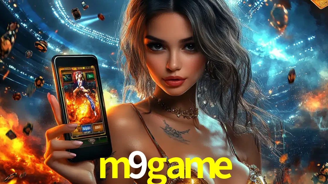 Mulher segurando um celular com um jogo de slot em destaque, tendo como fundo um estádio vibrante, simbolizando a emoção de jogar no cassino móvel m9game.