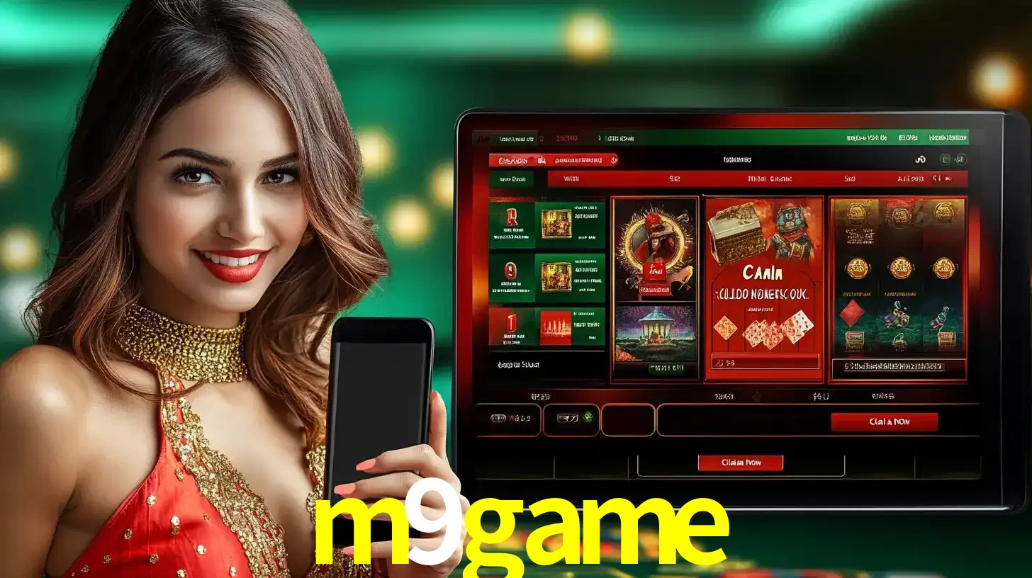 Mulher sorridente segurando um smartphone, ao lado de uma tela exibindo o lobby de jogos do cassino online m9game, com várias opções de jogos de cartas e slots.